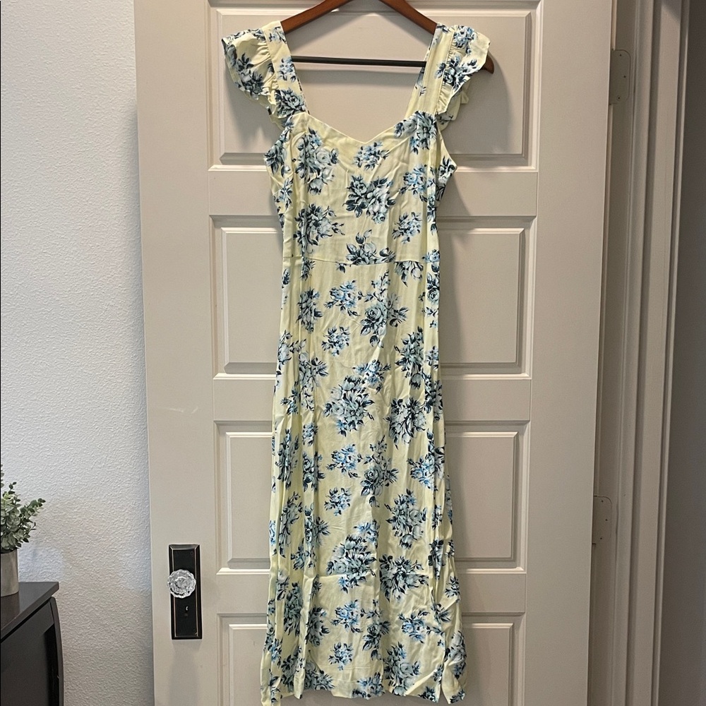 LOFT Yellow Midi Dress with Blue Floral Design